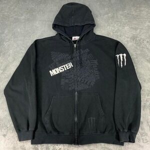 Monster Energy Hoodie Mens Size XL Black Silver Full Zip Skater